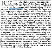 Advertisement for the rental of Hill Place in 1822. Hill Place ad 1822.jpg