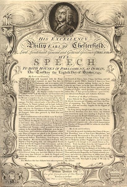 File:His Excellency Philip Earl of Chesterfield His speech to the English and Irish parliaments 1745.jpg