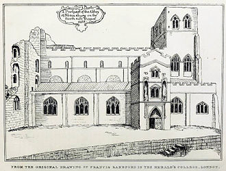 Sketch of Shrewsbury Abbey, 1658, by Francis Sandford. The third level, the then surviving clerestory, is clearly visible, as are significant remains of the conventual buildings, which had been mined for repair materials in 1649. Historyofshrewsb59.jpg