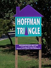 Signs in the Hoffman Triangle announce community improvement meetings and activities. Hoffman Triangle sign cropped.jpg