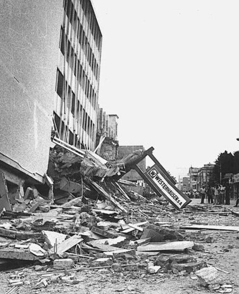 Collapsed Gran Hotel building in the San Salvador metropolis, after the shallow 1986 San Salvador earthquake