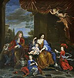 La famille du Grand Dauphin (le duc de Bourgogne (enfant en rouge), avec son frère Philippe (futur Philippe V d'Espagne) (en robe bleue)), son frère Charles (bébé) et ses parents), 1687, Pierre Mignard