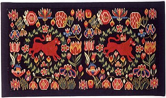 Carriage cushion cover, Scania, Bara district, late 18th century. From the Khalili Collection of Swedish textiles Khalili Collection Swedish Textiles Carriage Cushion Cover.jpg