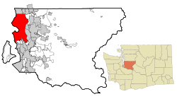 左：キング郡内のシアトル市の位置 右：ワシントン州内のキング郡の位置の位置図