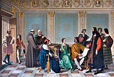 The court of Ludovico il Moro, Giuseppe Diotti (1823). Starting from the left: a page opens the door to the secretary Bartolomeo Calco. At the centre of the scene are seated Cardinal Ascanio, Duchess Beatrice and Duke Ludovico, to whom Leonardo da Vinci is showing the project for the fresco of the Last Supper. Around them are recognizable some other great personalities of the court: on the left Bramante speaks with the mathematician Fra' Luca Pacioli; on the right the musician Franchino Gaffurio, who reads a score, the poet Bernardo Bellincioni, crowned with laurel, and the historian Bernardino Corio, with his Historia di Milanounder his arm..[133]