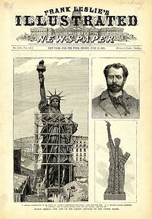 Frank Leslie's Illustrated Newspaper, June 1885, showing (clockwise from left) woodcuts of the completed statue in Paris, Bartholdi, and the statue's interior structure Leslie Liberty.jpg