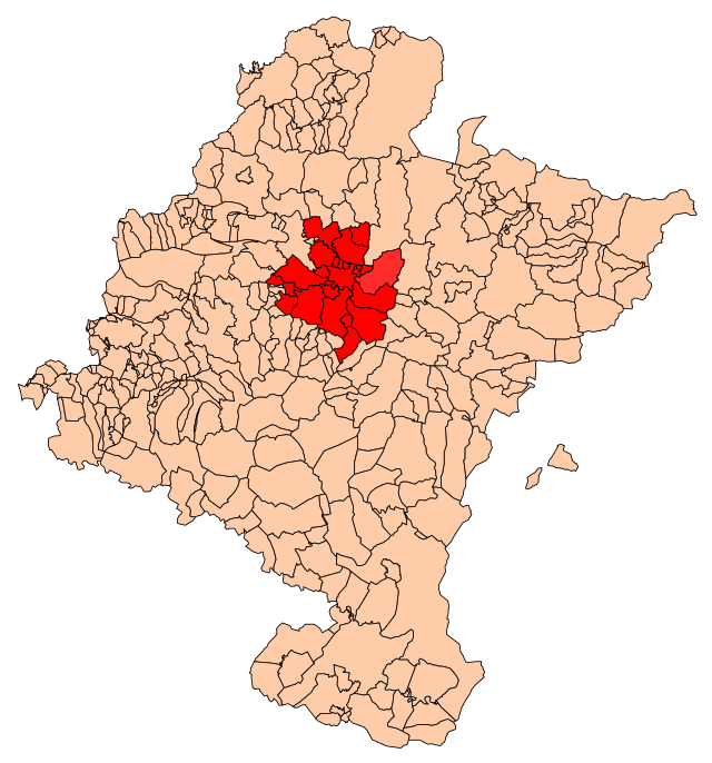 Mapa de Navarra com os municípios da área metropolitana de Pamplona em destaque