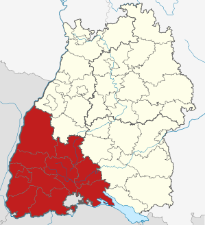 Lage des Regierungsbezirkes Freiburg in Baden-Württemberg