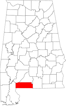 Location of Escambia County in Alabama Map of Alabama highlighting Escambia County.svg