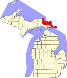 Location of Chippewa County in Michigan Map of Michigan highlighting Chippewa County.svg