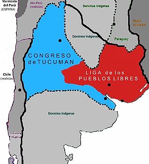 En rojo, la Liga de los Pueblos Libres en 1815, parte de las Provincias Unidas del Río de la Plata