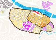 Map of Zaragoza (Saraqusta) during the Muslim rule, superimposed on the current city (light grey)