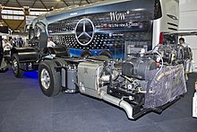 Mercedes-Benz O500LE coach chassis showing the engine located far behind the rear axle Mercedes-Benz O500LE chassis on display at the 2013 Australian Bus & Coach Show (1).jpg