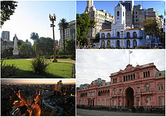 五月広場（左上）、ブエノスアイレス・カビルド（旧市議会、右上）、ダイアゴナル・スール（左下）、カーサ・ロサーダ（右下）