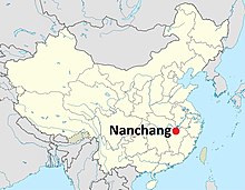 Landakort sem sýnir legu Nanchang borgar í Jiangxi héraði í austurhluta Kína.