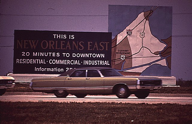 Billboard promoting the eastern New Orleans "New Town" development, 1972. Note the darker-toned 'Current Development' portion, encompassing present-da