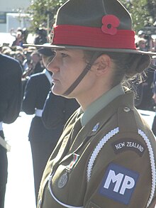 The "MP" patch identifies this woman as being a member of the Joint Military Police Unit. New Zealand military police 02.JPG