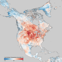 Land surface temperatures of March 8-15, 2012. Land surface temperatures are distinct from the air temperatures that meteorological stations typically measure. North American Temperature Anomaly March 2012.png
