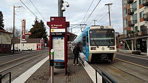 Northbound train at North Prescott Street station, February 2018.jpg