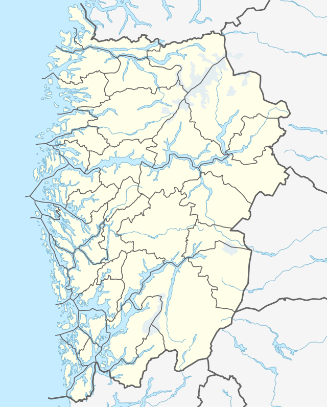 Mapa konturowa Vestlandu, po lewej nieco na dole znajduje się punkt z opisem „Bergen”