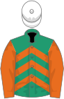 Emerald green, orange chevrons and sleeves, white cap