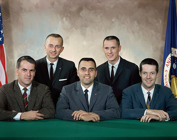 Group 4 astronauts. Back row, left to right: Garriott, Gibson. Front row, left to right: Michel, Schmitt, Kerwin. Not pictured: Graveline