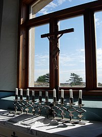 SS Park Victory commemorative candle holder in Uto Chapel, remembering the 10 lost Seagoing cowboys Park Victory candelabrum, Uto.jpg
