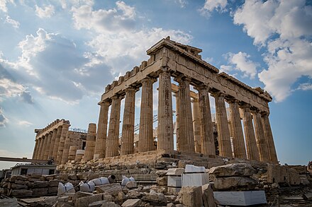 The Parthenon, a temple dedicated to Athena, located on the Acropolis in Athens