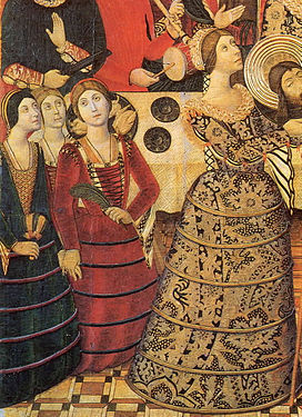Գարսիա դե Բանաբարե. «Հովհաննես Մկրտիչի գլխատումը», Մունտադոս տաճար, Բարսելոնա, 15-րդ դար։ Կիսաշրջազգեստների վրա կտորով կարված օղակներ են