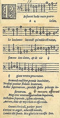 Personent hodie
in the 1582 edition of Piae Cantiones
, image combined from two pages of the source text. Personent hodie.jpg