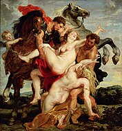 彼得·保罗·鲁本斯的《劫掠吕西普的女儿们（英语：The Rape of the Daughters of Leucippus）》，224 × 210.5cm，约作于1618年，来自杜塞尔多夫画廊的收藏[51]