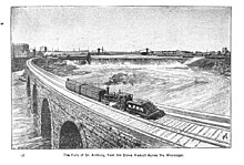 An illustration of Saint Anthony Falls and the Stone Arch Bridge from the 1893 book The Official Northern Pacific Railroad Guide Pg 55 St Anthony's falls.jpg