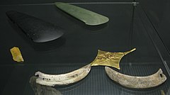 Gold diadem, jade axe and boar's tusk pectoral, Pauilhac, c. 3500 BC