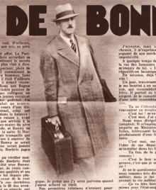 Photomontage incrustant la silhouette de Bonny dans le titre et les colonnes d'un article : un homme élégant vêtu d'un pardessus, avec chapeau, cravate, valise, cartable.