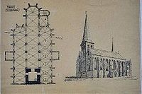 Plattegrond en afbeeldingen van de vooroorlogse kerk.