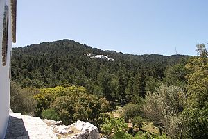 Profiti Ilias, summit (antennae) with an accessible secondary summit (left), seen from Agios Antonios.