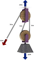 A gun tackle has a single pulley in both the fixed and moving blocks with two rope parts supporting the load W.