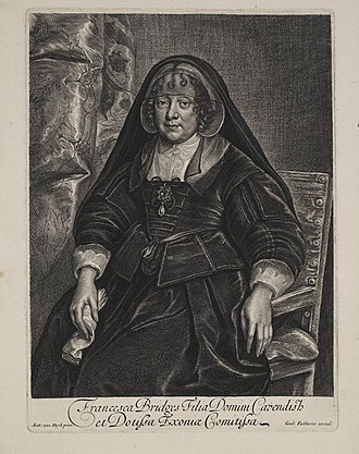 Engraving of Frances, countess of Exeter, after Anthony van Dyck. Portrait of Frances, countess of Exeter, 1660s, by William Fairthorne, after Anthony van Dyck.jpg
