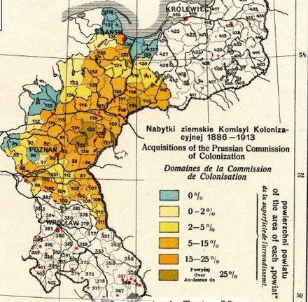 Acquisitions of land from ethnic Poles for settling ethnic German commoners by the Prussian Settlement Commission in the provinces of Posen and West Prussia (outside Prussian Pomerania)