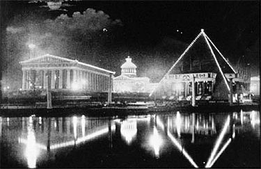 Extravagant displays of electric lights quickly became a feature of public events, as in this picture from the 1897 Tennessee Centennial Exposition. PyramidParthenon.jpg