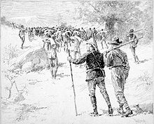 Allan Quatermain (centre) follows his men carrying a large quantity of ivory, in Maiwa's Revenge: or, The War of the Little Hand (1888) – drawing by Thure de Thulstrup