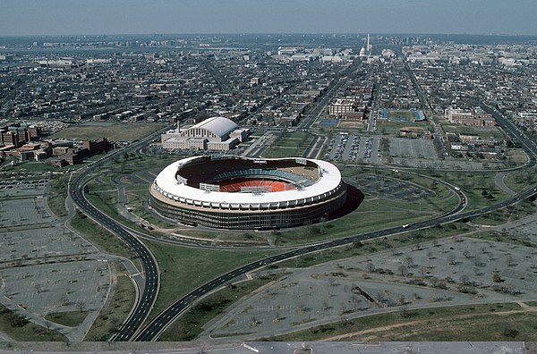 RFK Stadium from the east in 1988, looking towards the U.S. Capitol
