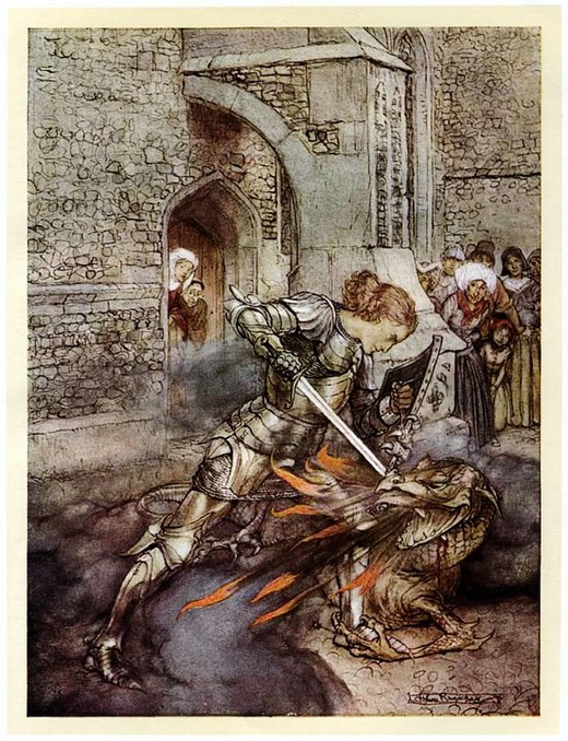 Lancelot vecht met de draak, Arthur Rackham