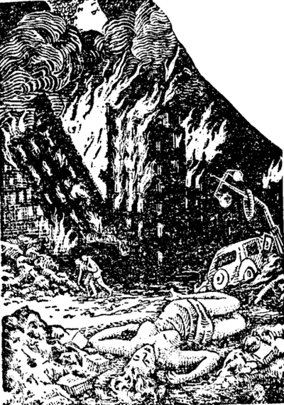 Inner artwork depicting cities in flaming ruins, by an uncredited author, for the short story "Regeneration" by Charles Dye and Katherine MacLean from Future Combined with Science Fiction Stories, September 1951.