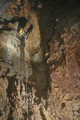 An aluminium ladder being used in Riverbend Cave, 2006 Riverbend cave.jpg