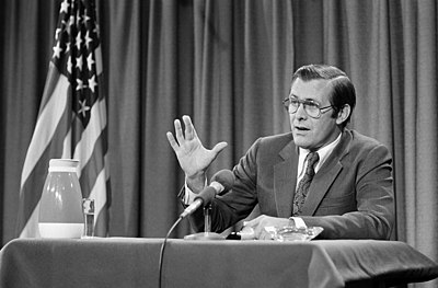 Secretary of Defense Donald Rumsfeld speaking during a press conference at The Pentagon on October 6, 1976.