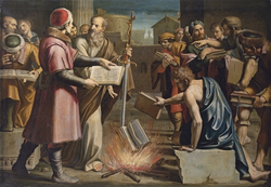 Lucio Massari, Saint Paul and the burning of pagan books at Ephesus, 1612. Saint Paul and the burning of pagan books at Ephesus.png