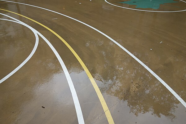 A court with multiple three-point lines in New York City. From left to right: high school distance, NCAA women's distance (before 2021–22), and NBA di