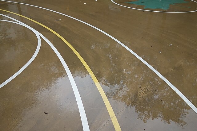 A court with multiple three-point lines in New York City. From left to right: high school distance, NCAA women's distance (before 2021–22), and NBA di