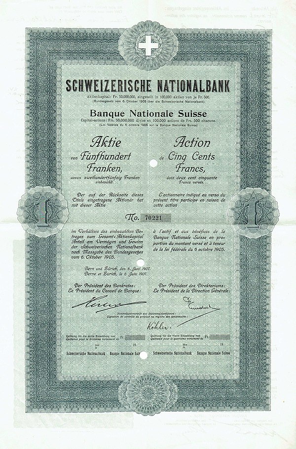Share of the Swiss National Bank, issued 6 June 1907